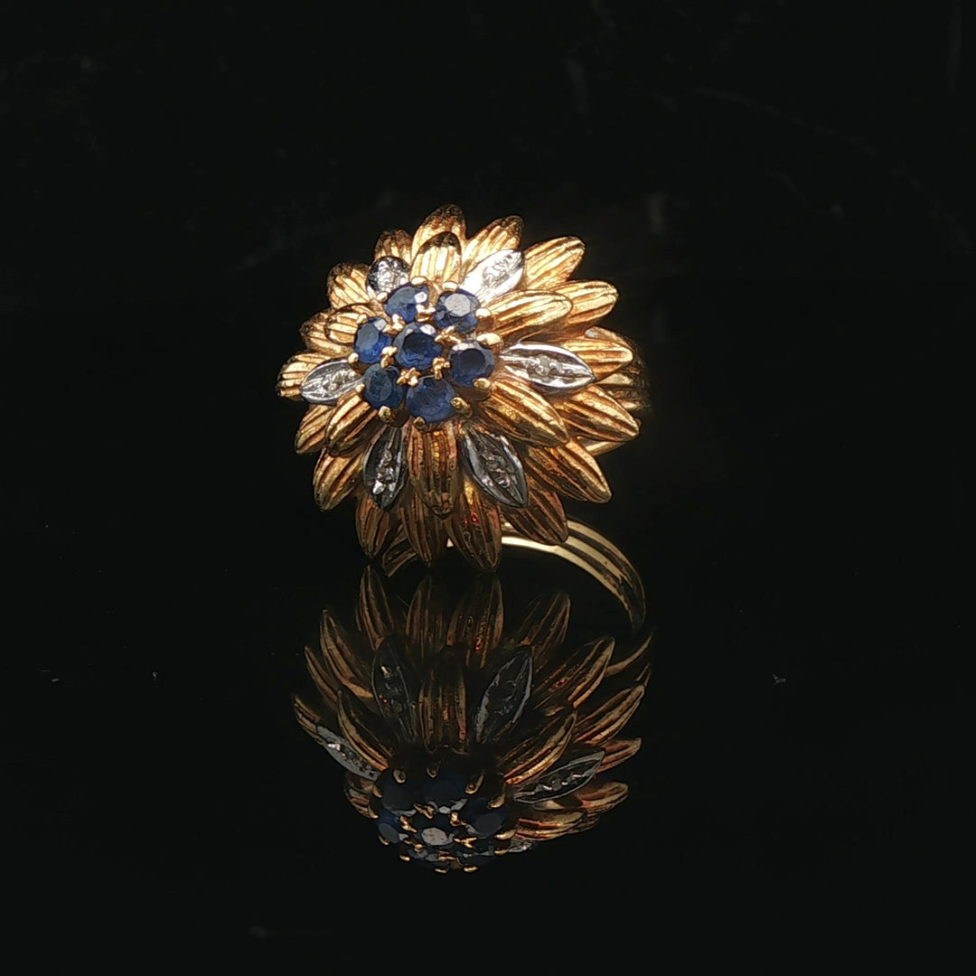 18k Yellow and White Gold Sapphire and Diamond Vintage Floral Ring Size 4.25