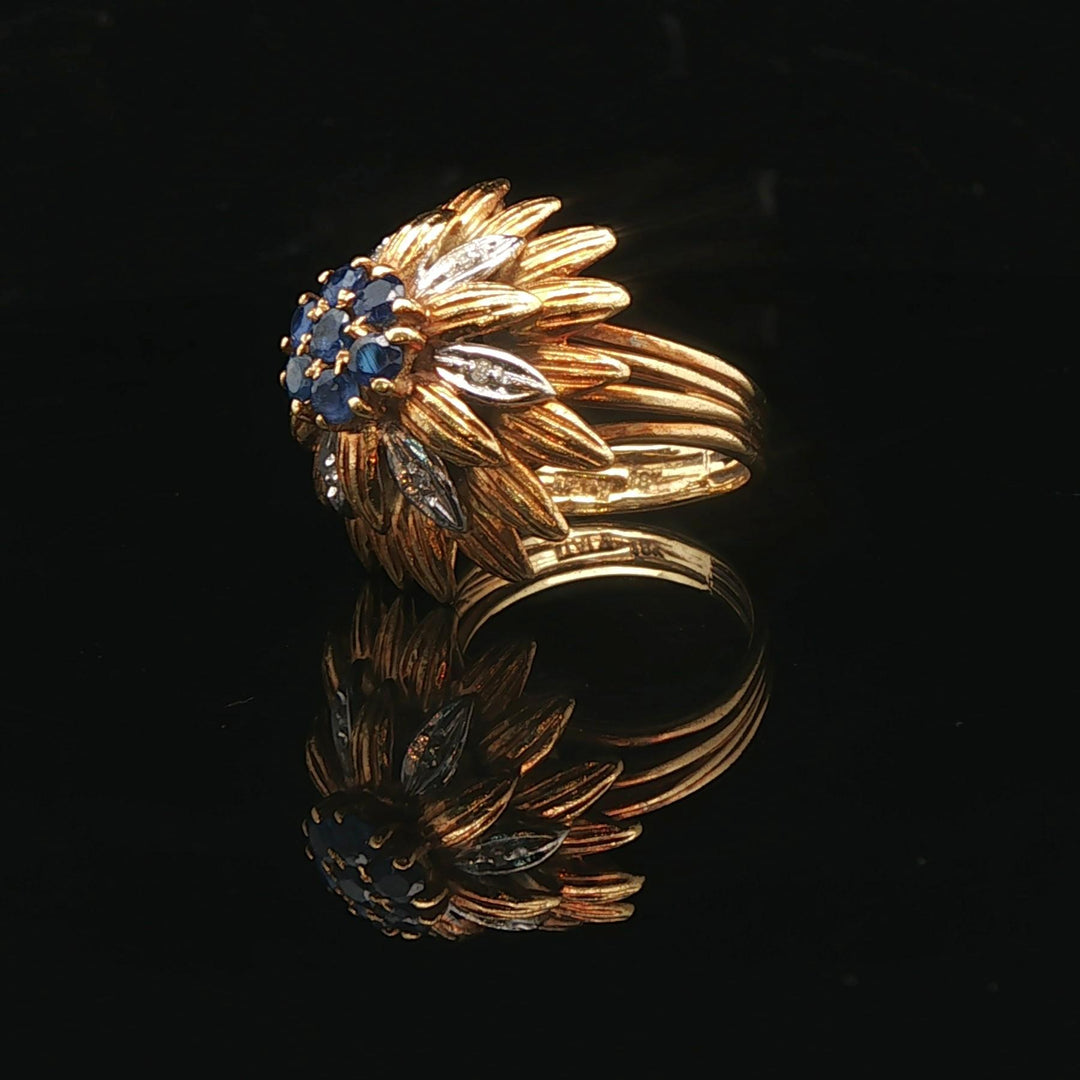 18k Yellow and White Gold Sapphire and Diamond Vintage Floral Ring Size 4.25