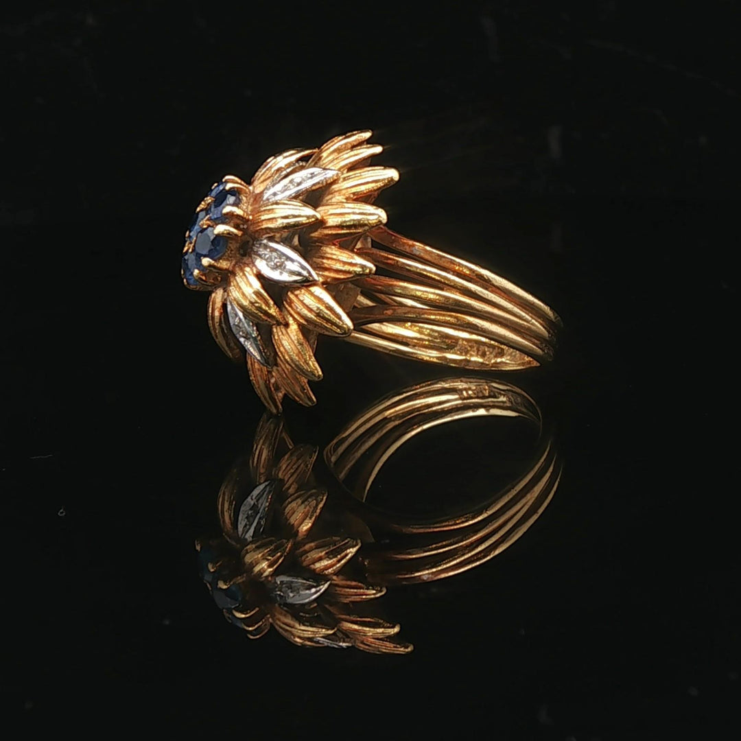 18k Yellow and White Gold Sapphire and Diamond Vintage Floral Ring Size 4.25