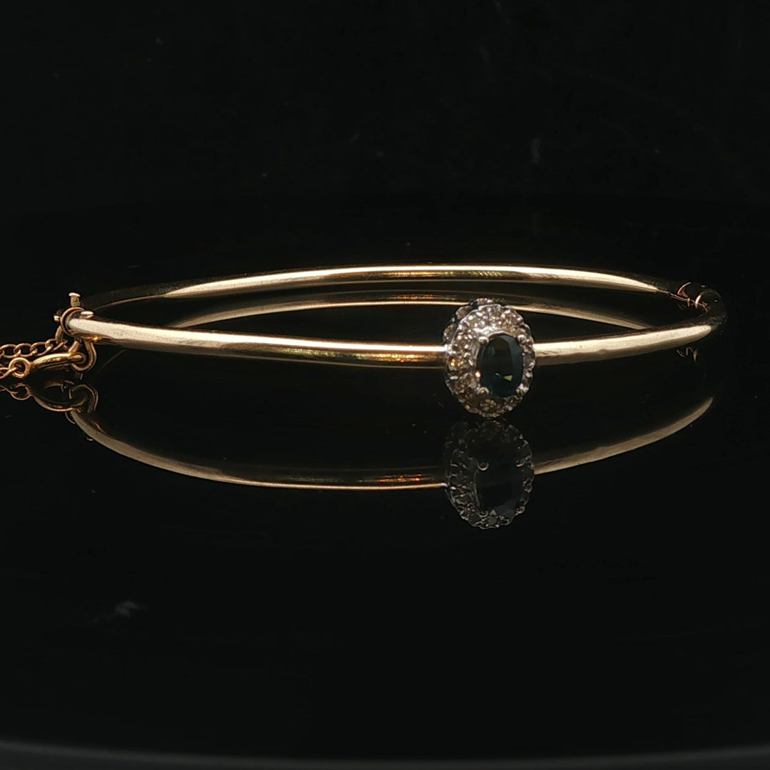 14k Yellow Gold Blue Sapphire and Diamond Halo Bangle Bracelet 6.75"