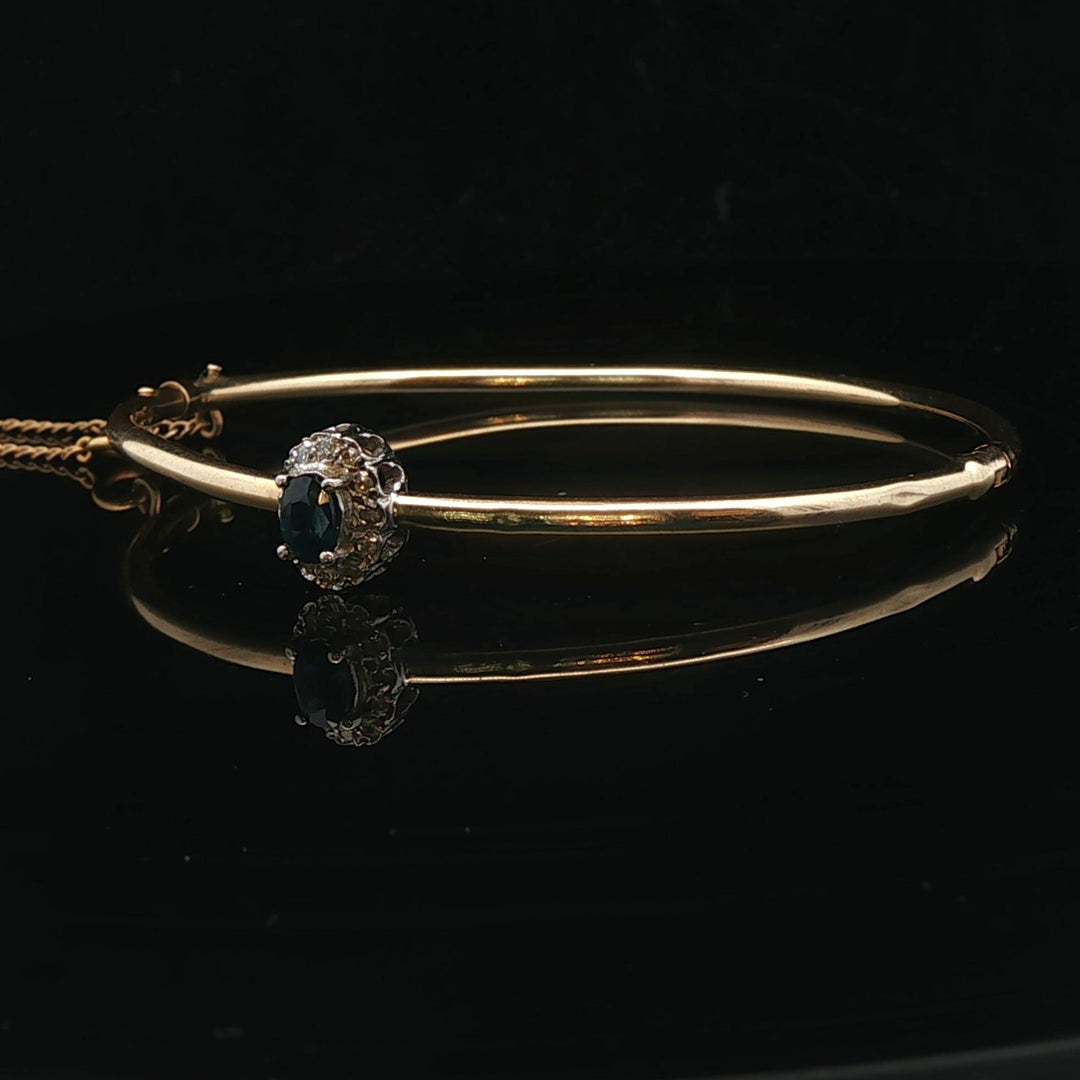 14k Yellow Gold Blue Sapphire and Diamond Halo Bangle Bracelet 6.75"