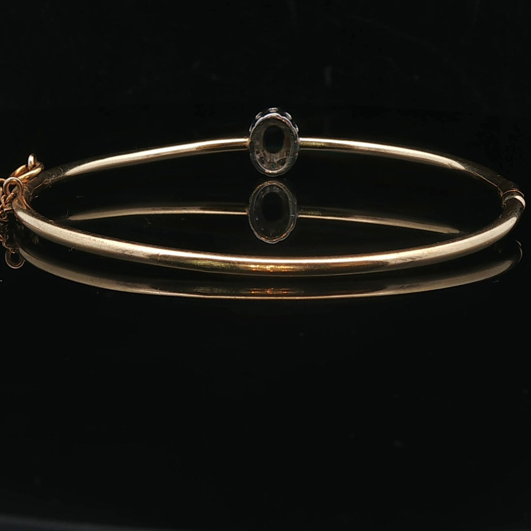 14k Yellow Gold Blue Sapphire and Diamond Halo Bangle Bracelet 6.75"