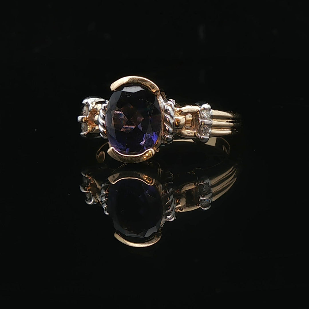 14k Yellow and White Gold Amethyst and Diamond Ladies Ring Size 8