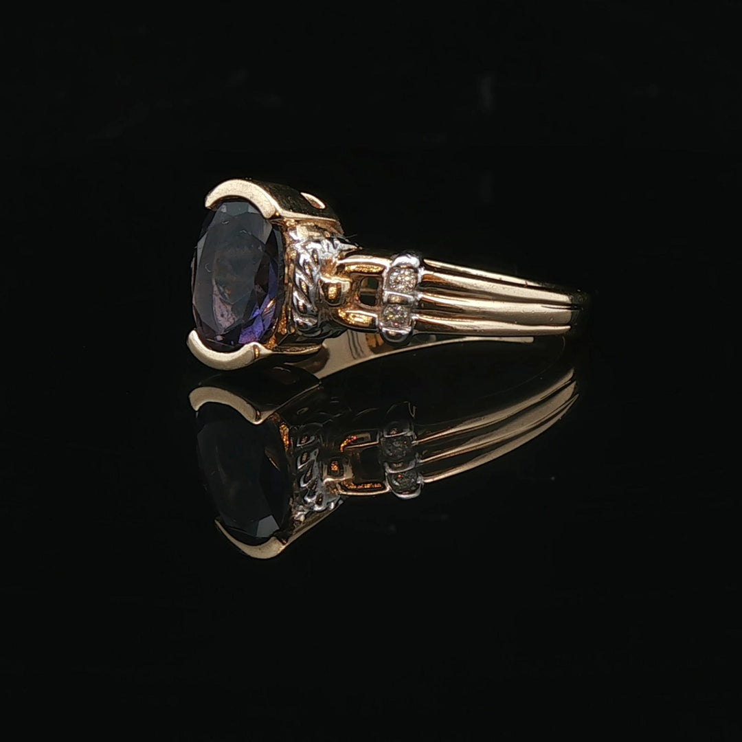 14k Yellow and White Gold Amethyst and Diamond Ladies Ring Size 8