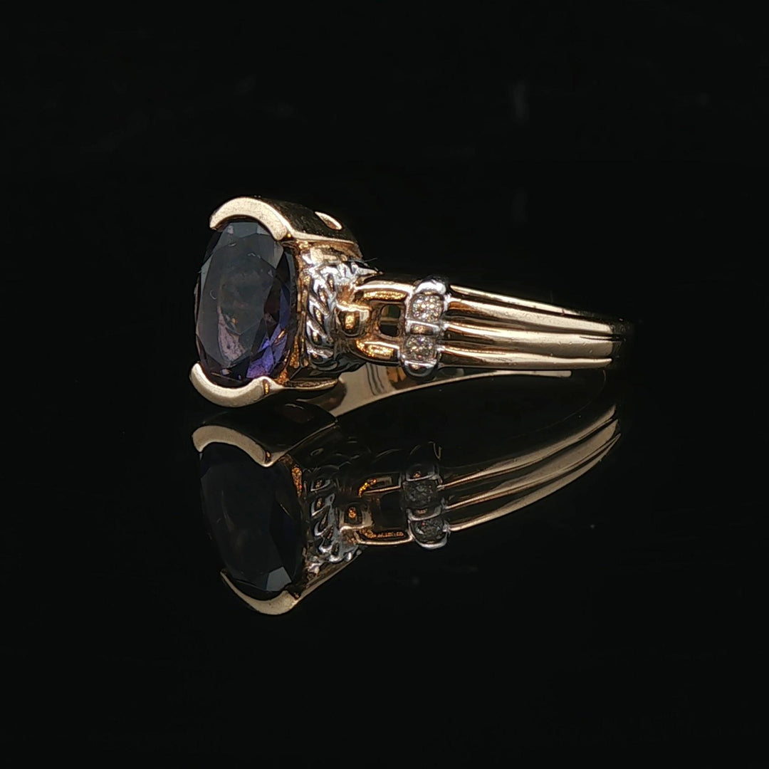 14k Yellow and White Gold Amethyst and Diamond Ladies Ring Size 8