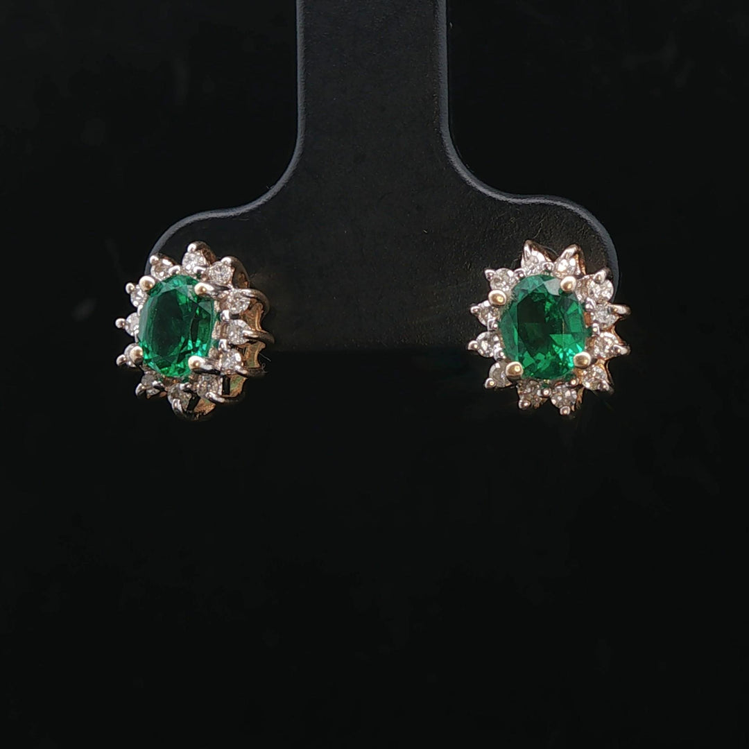 14k Yellow Gold Emerald and Diamond Halo Stud Earrings