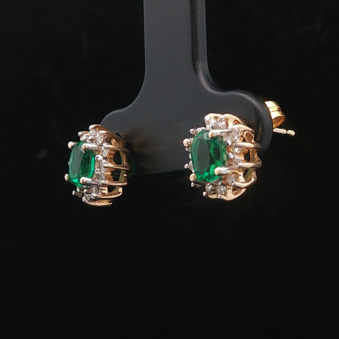 14k Yellow Gold Emerald and Diamond Halo Stud Earrings