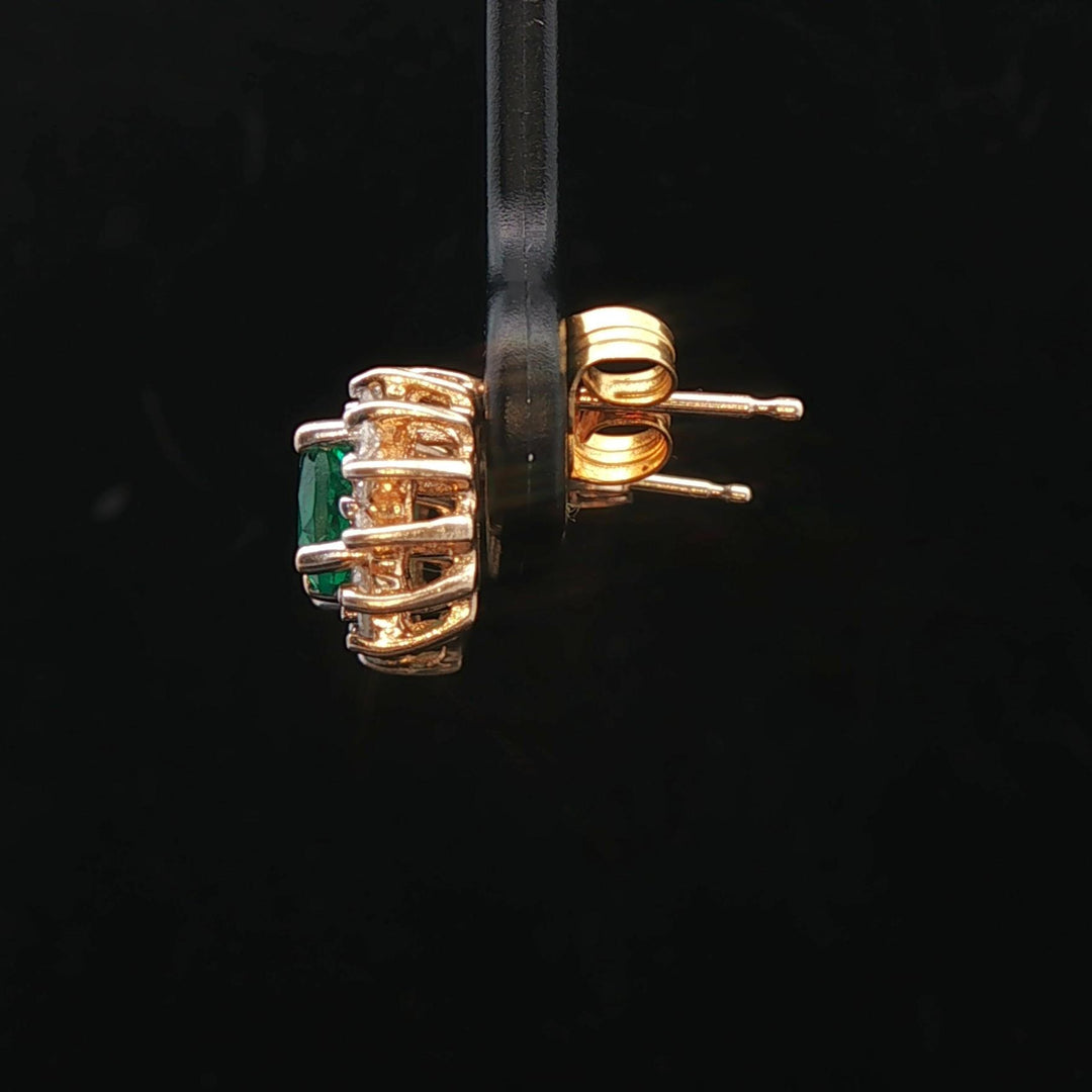 14k Yellow Gold Emerald and Diamond Halo Stud Earrings