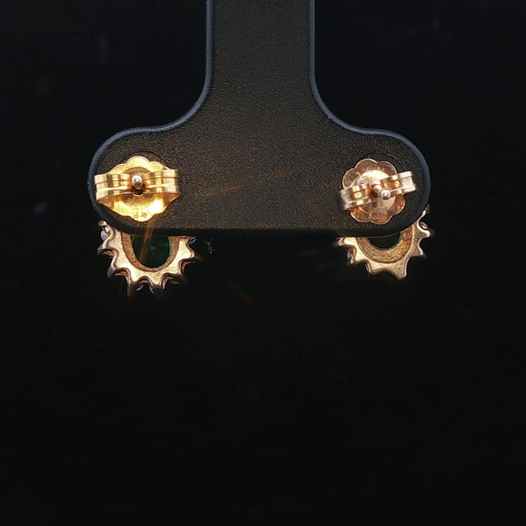14k Yellow Gold Emerald and Diamond Halo Stud Earrings