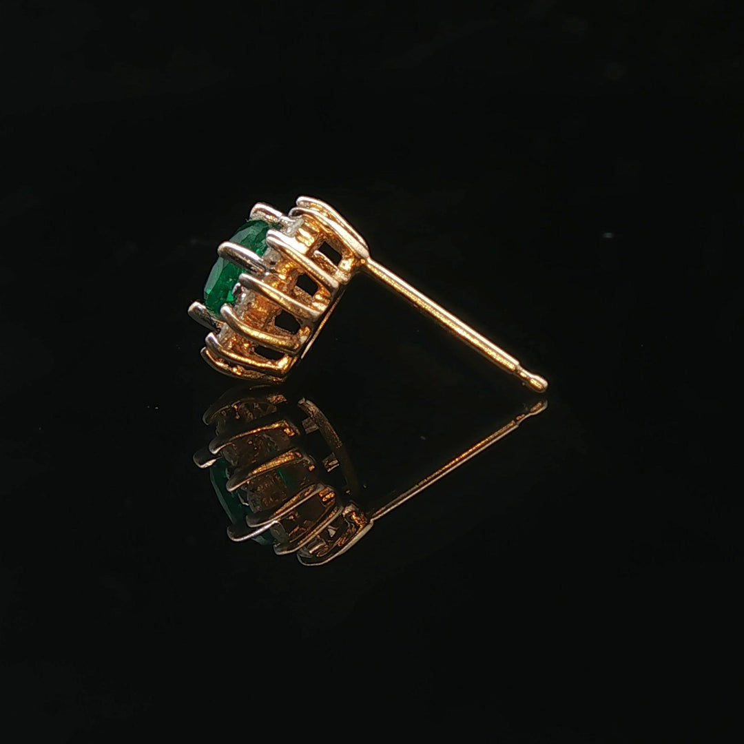 14k Yellow Gold Emerald and Diamond Halo Stud Earrings