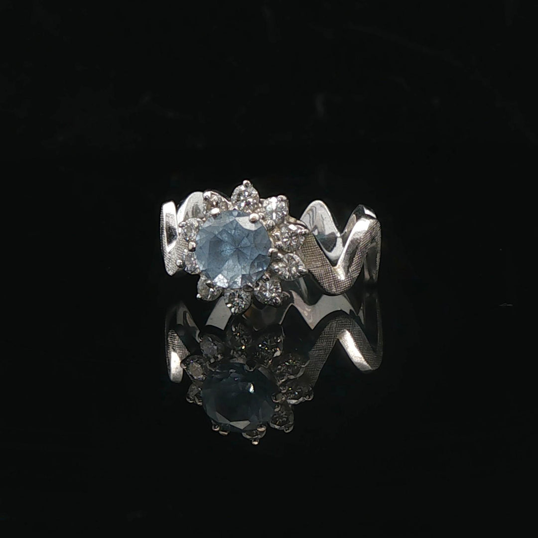 14k White Gold Aquamarine and Diamond Halo Zig Zag Band Ring Size 5.5