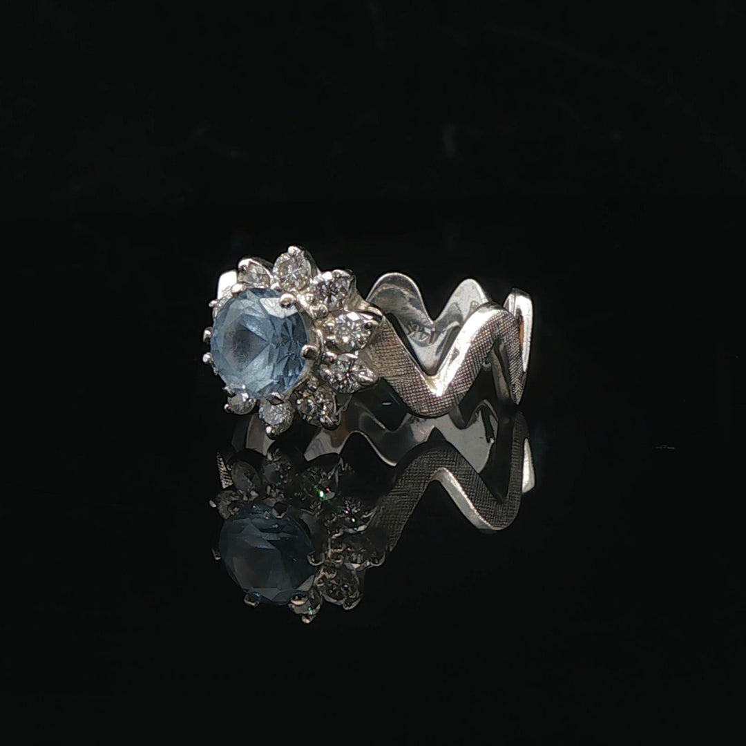 14k White Gold Aquamarine and Diamond Halo Zig Zag Band Ring Size 5.5
