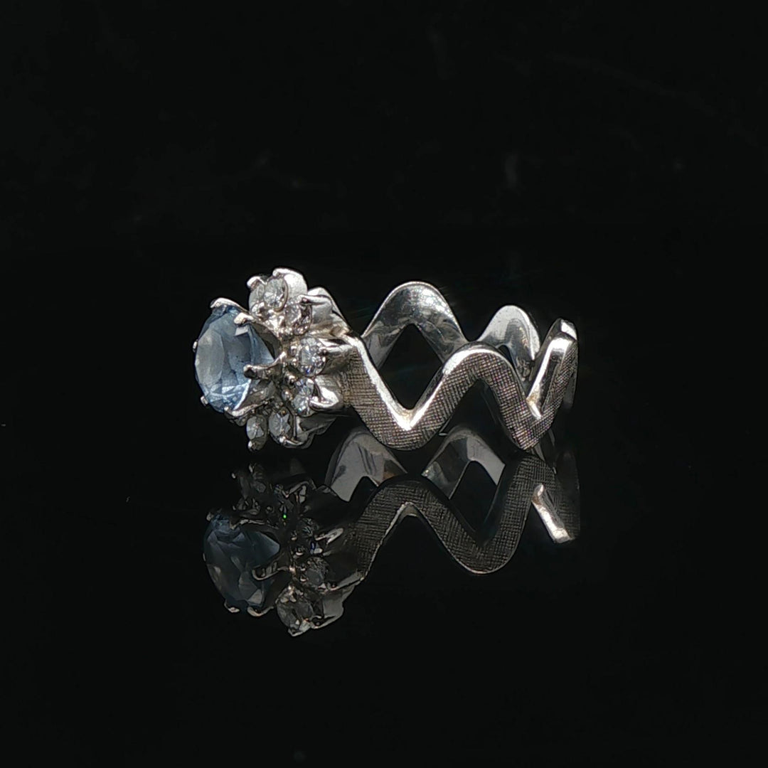14k White Gold Aquamarine and Diamond Halo Zig Zag Band Ring Size 5.5