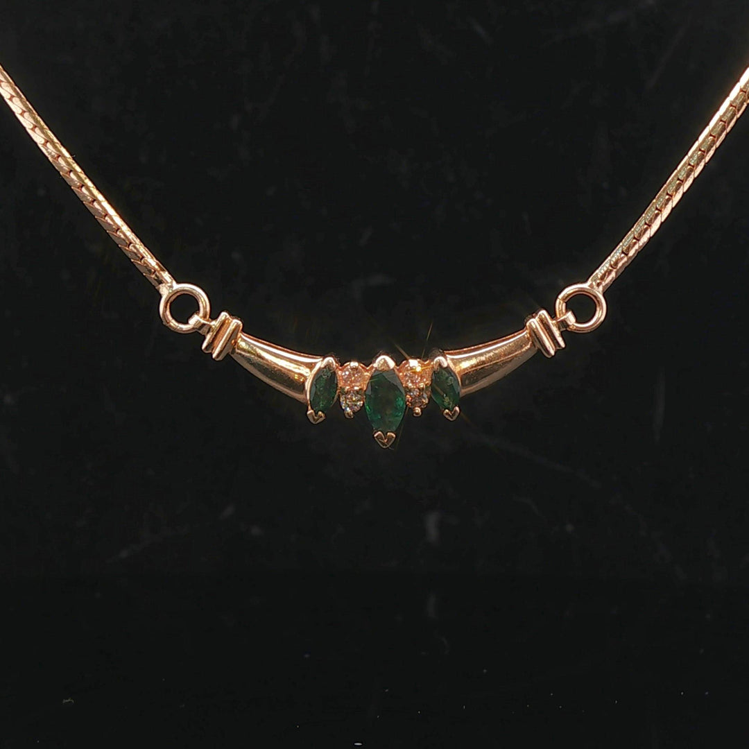 14k Yellow Gold Emerald and Diamond Herringbone Link Pendant Necklace Italy 16"