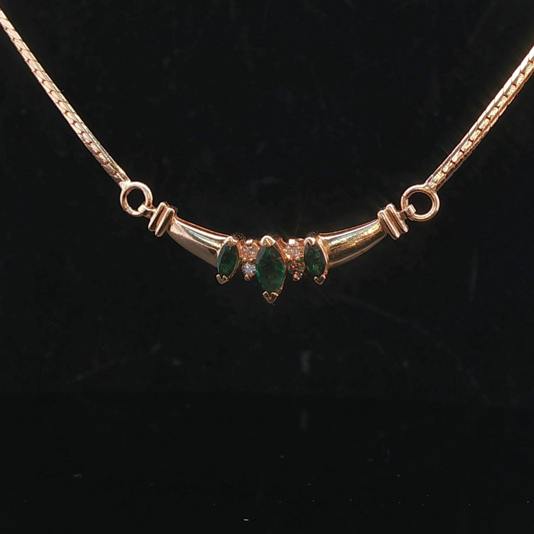 14k Yellow Gold Emerald and Diamond Herringbone Link Pendant Necklace Italy 16"