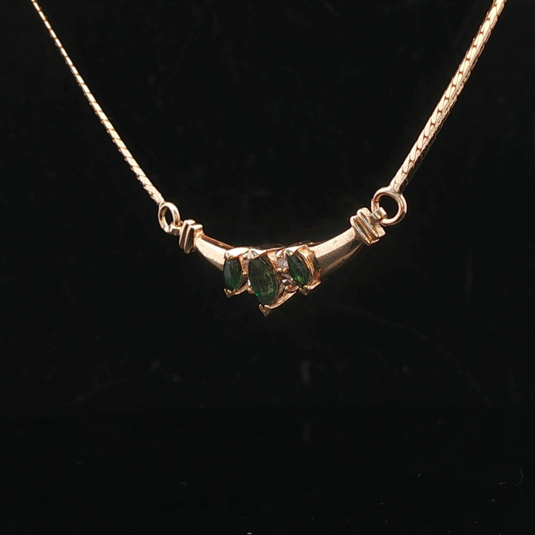 14k Yellow Gold Emerald and Diamond Herringbone Link Pendant Necklace Italy 16"
