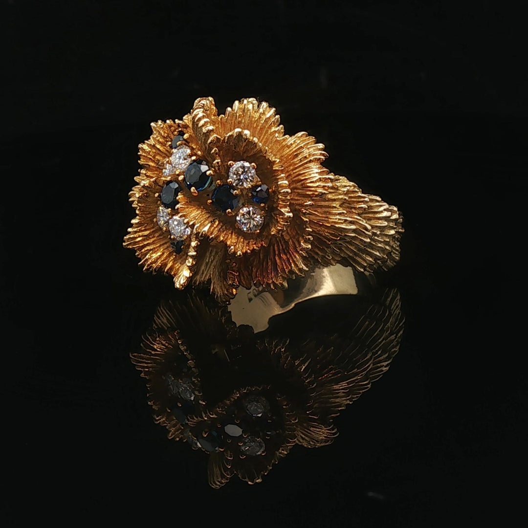 18k Yellow Gold Sapphire and Diamond Heavy Vintage Floral Ring Size 7