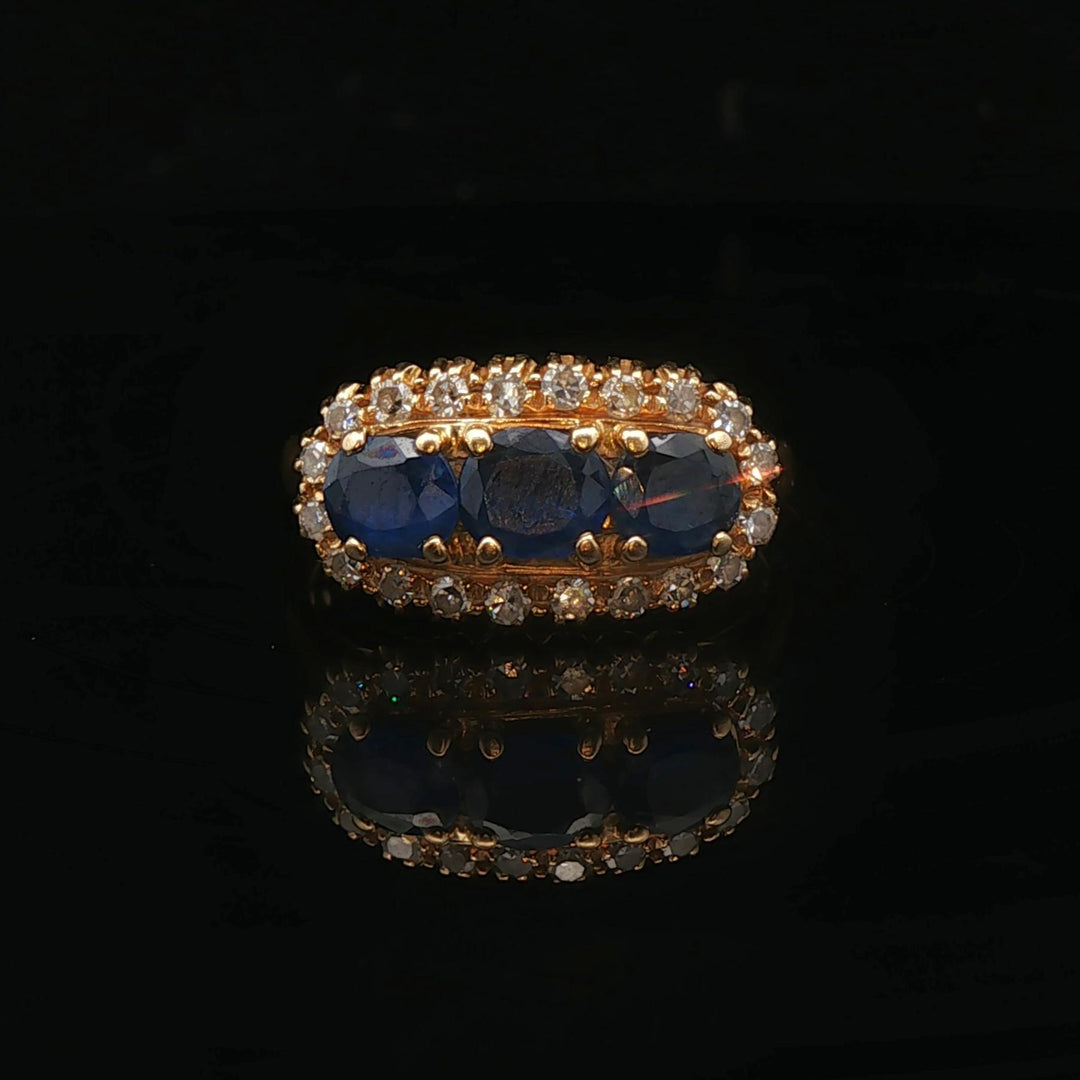 18k Yellow Gold Three Stone Blue Sapphire and Diamond Halo Ring Size 6.75
