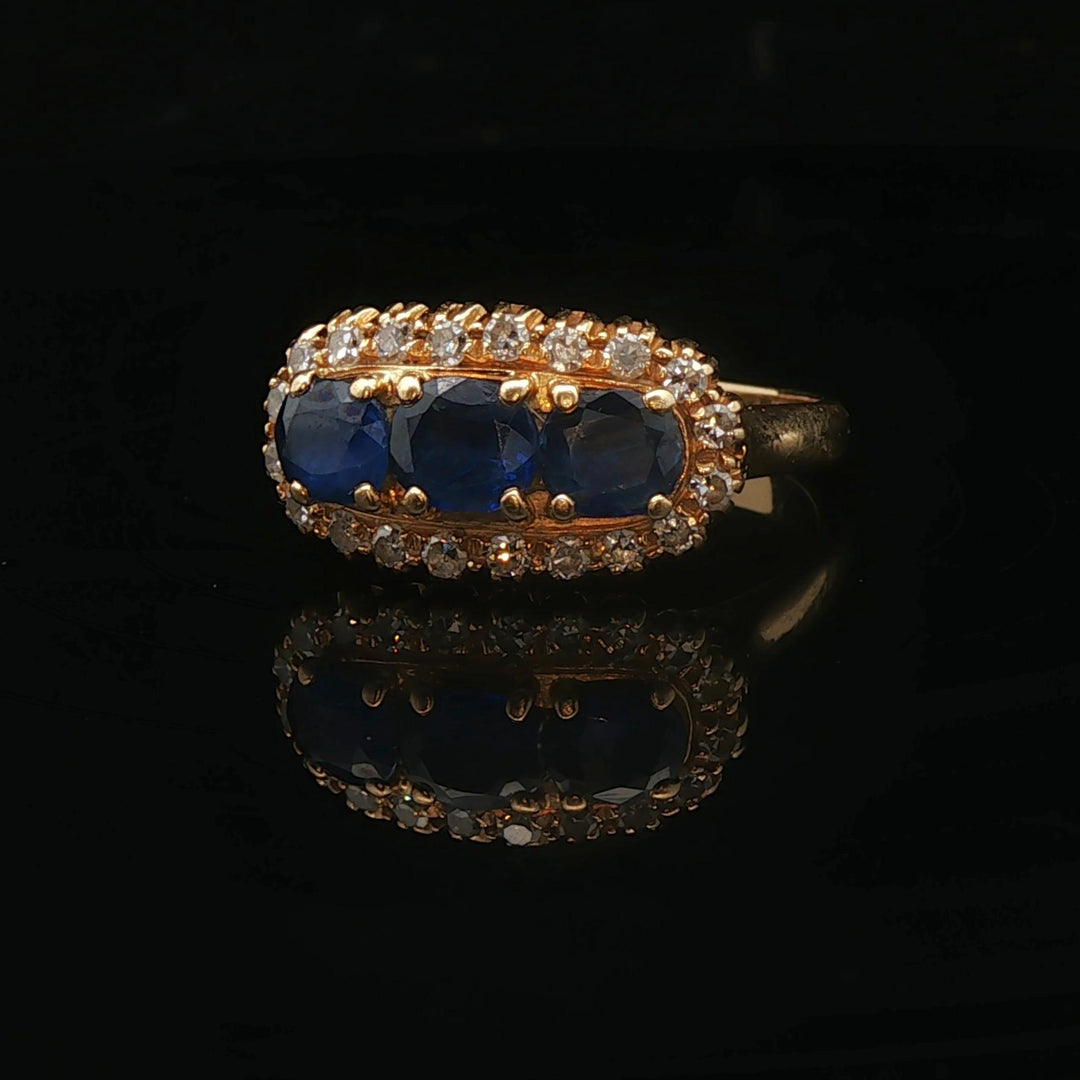 18k Yellow Gold Three Stone Blue Sapphire and Diamond Halo Ring Size 6.75