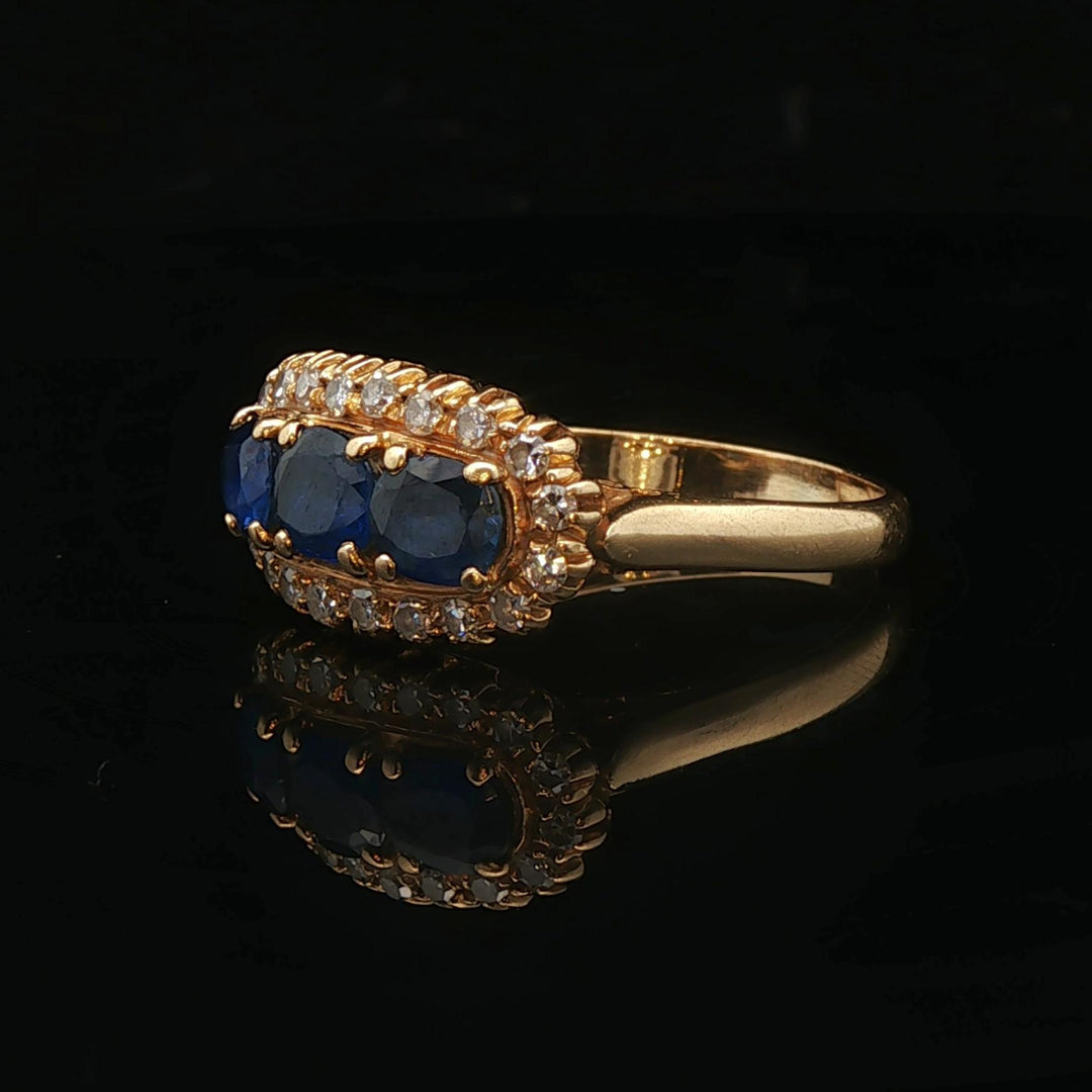 18k Yellow Gold Three Stone Blue Sapphire and Diamond Halo Ring Size 6.75