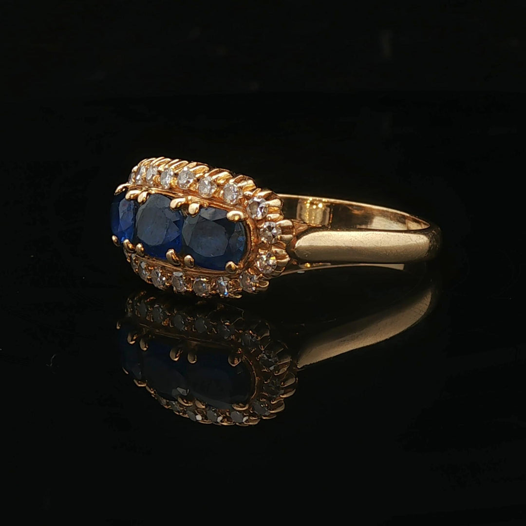 18k Yellow Gold Three Stone Blue Sapphire and Diamond Halo Ring Size 6.75
