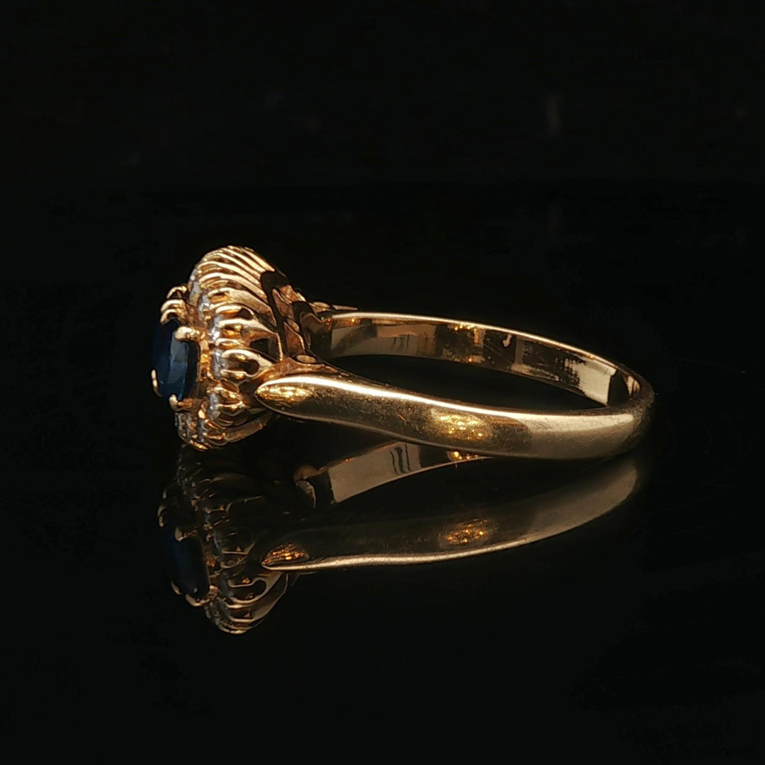 18k Yellow Gold Three Stone Blue Sapphire and Diamond Halo Ring Size 6.75