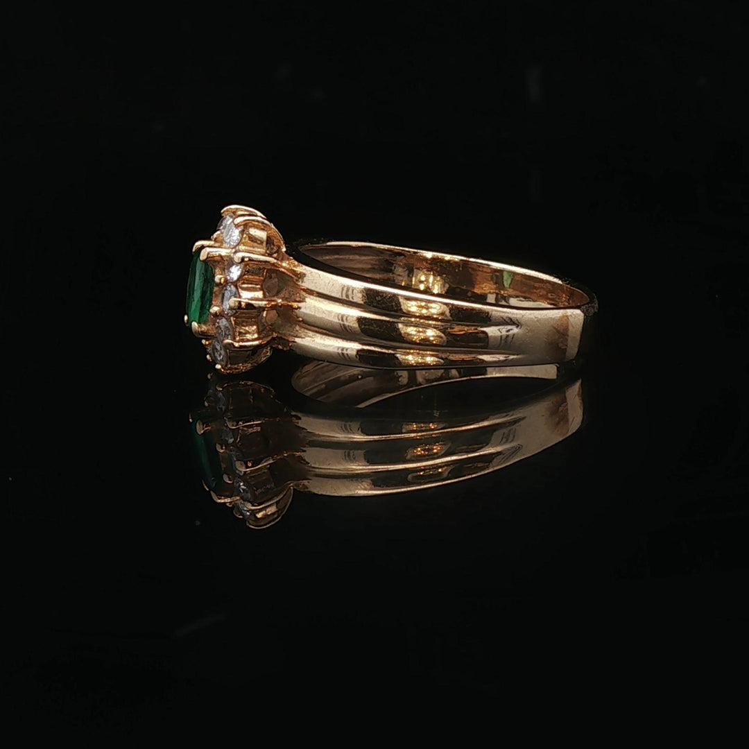 14k Yellow Gold Emerald and Diamond Halo Ladies Ring Size 6.25