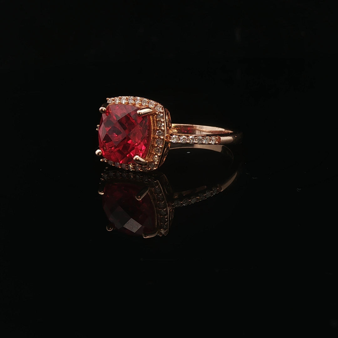 14k Yellow Gold Ruby and Diamond Halo Ladies Ring Size 6.75