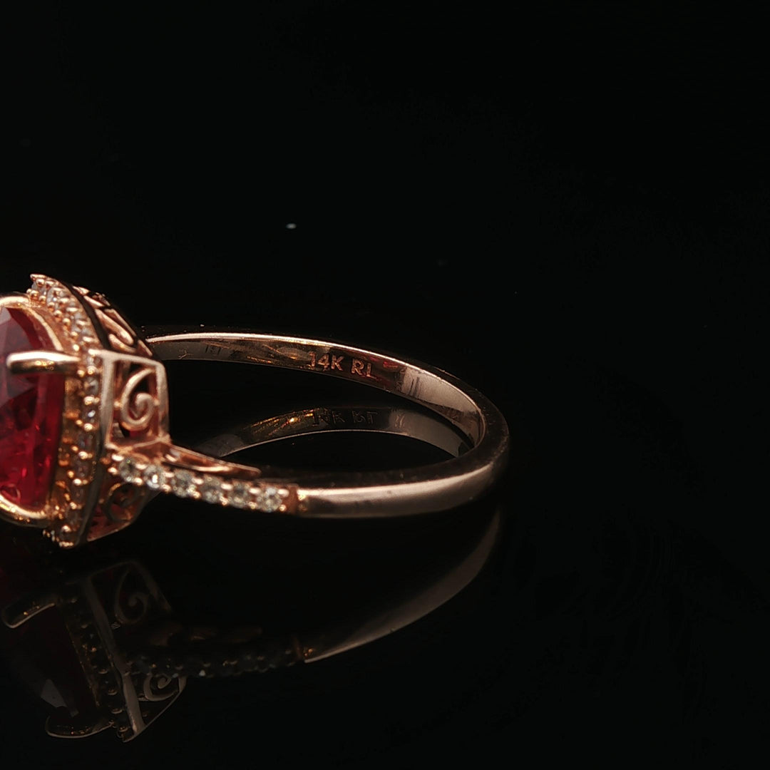 14k Yellow Gold Ruby and Diamond Halo Ladies Ring Size 6.75