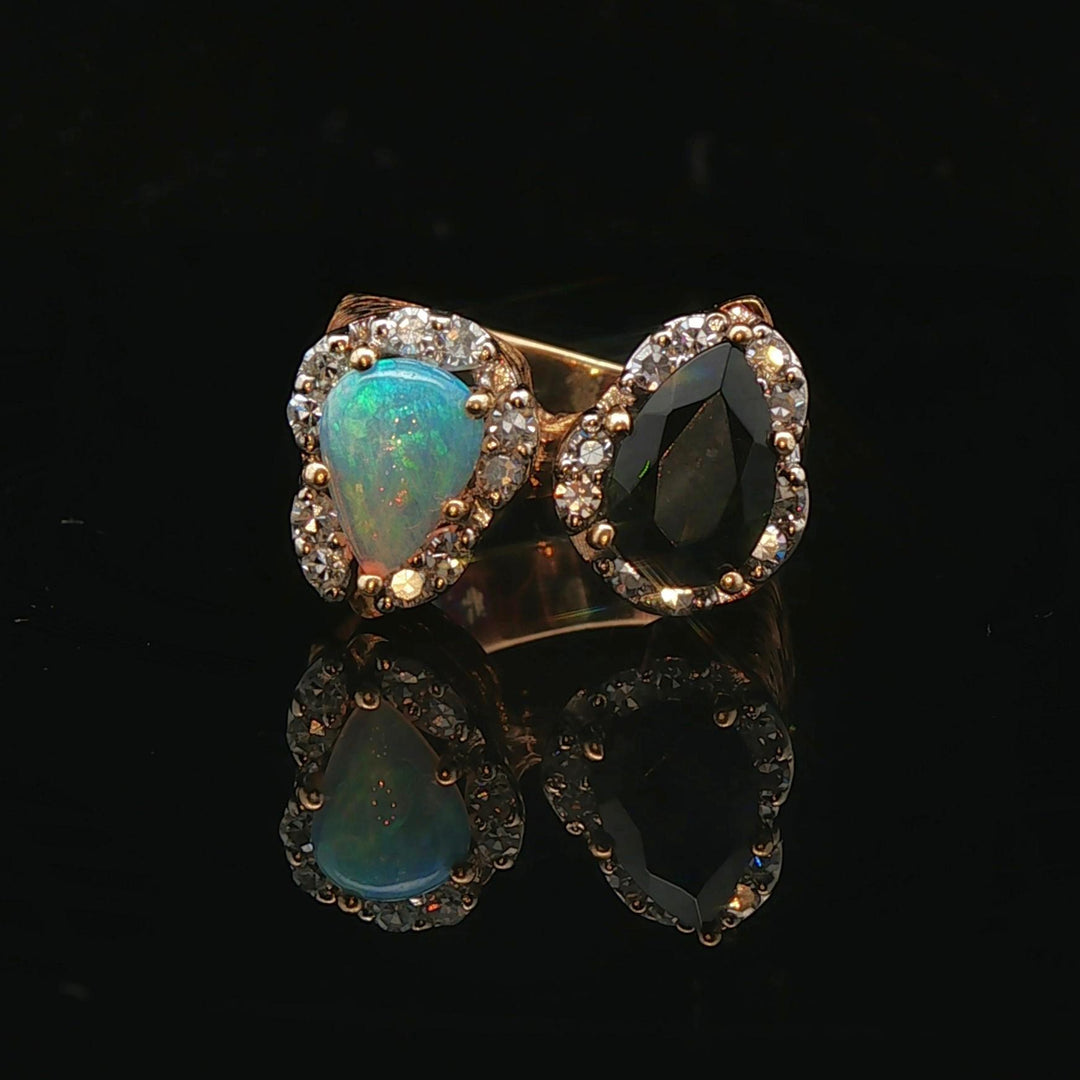 14k Yellow Gold Opal Green Tourmaline and Diamond Vintage Bypass Ring Size 6.5