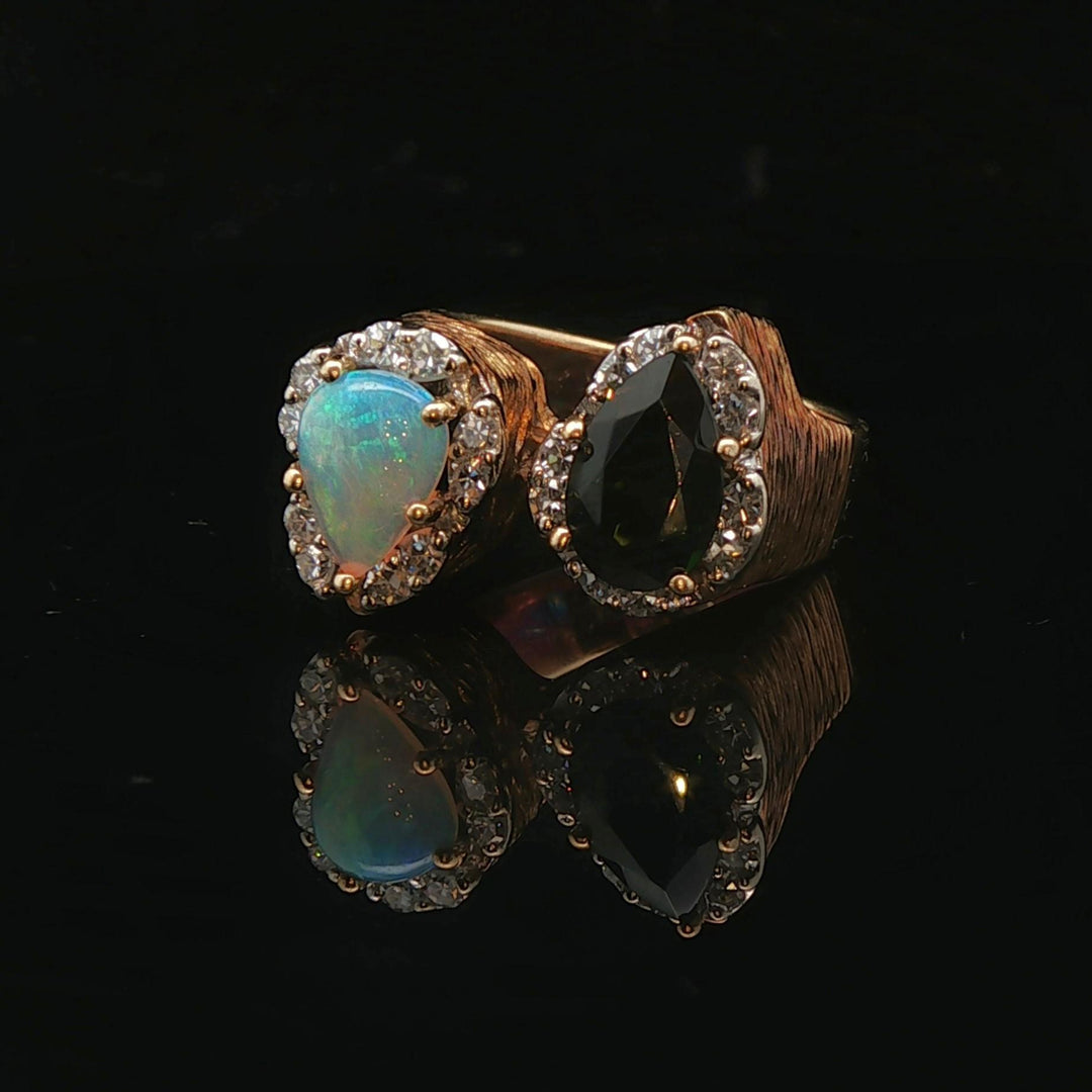 14k Yellow Gold Opal Green Tourmaline and Diamond Vintage Bypass Ring Size 6.5