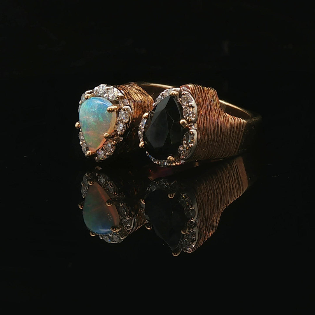 14k Yellow Gold Opal Green Tourmaline and Diamond Vintage Bypass Ring Size 6.5