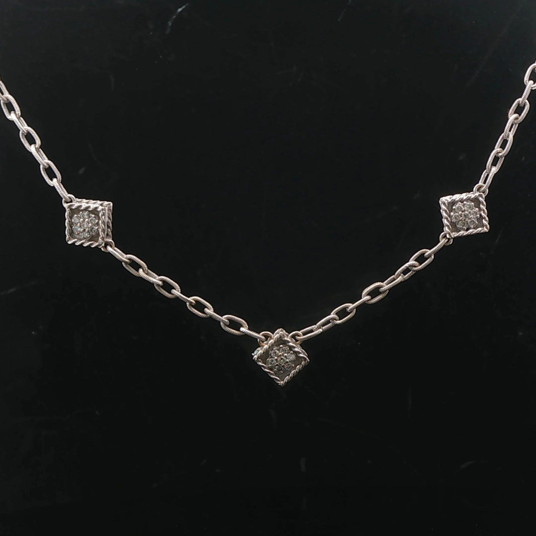 14k White Gold and Diamond Vintage Station Cable Link Necklace 16"