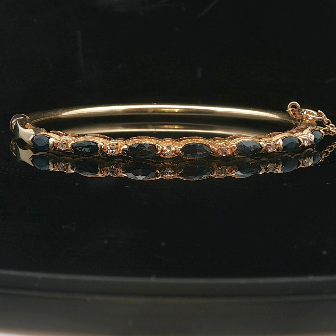 14k Yellow Gold Blue Sapphire and Diamond 10.7g Vintage Bangle Bracelet 6.5"