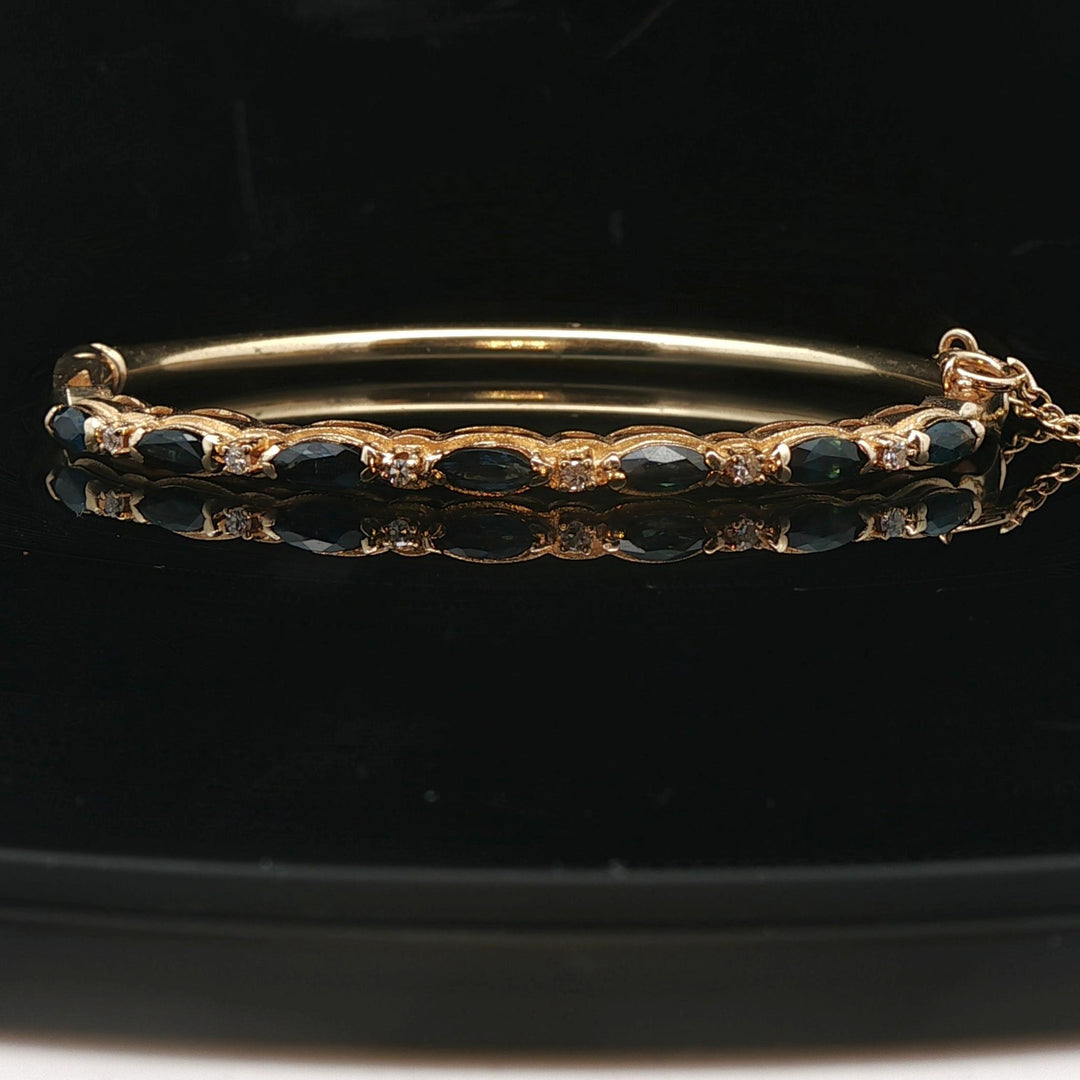 14k Yellow Gold Blue Sapphire and Diamond 10.7g Vintage Bangle Bracelet 6.5"