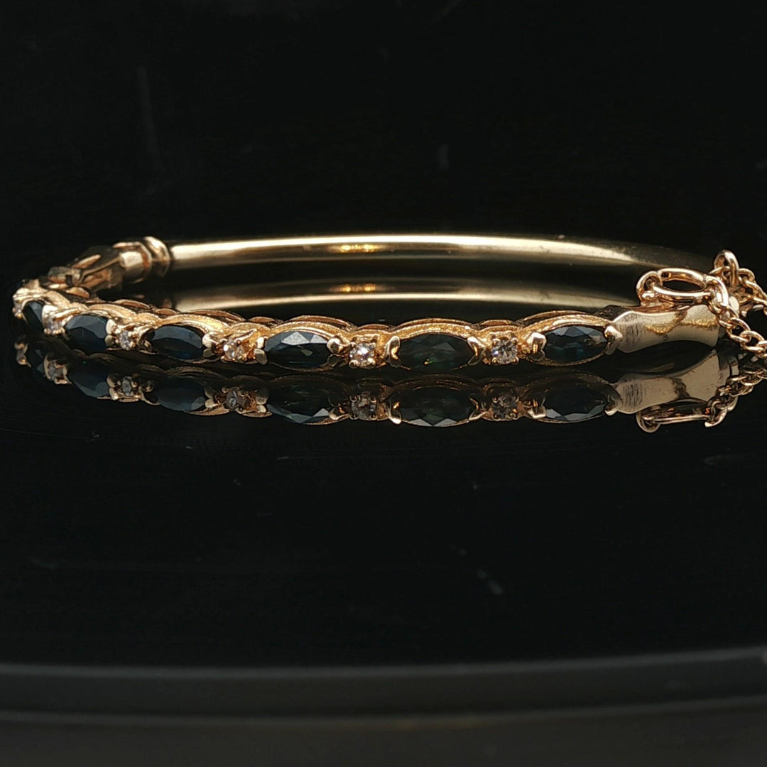 14k Yellow Gold Blue Sapphire and Diamond 10.7g Vintage Bangle Bracelet 6.5"