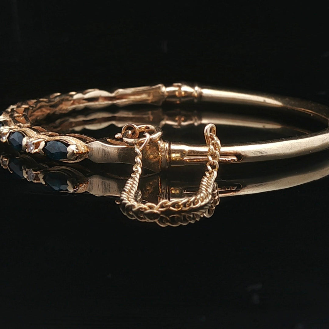 14k Yellow Gold Blue Sapphire and Diamond 10.7g Vintage Bangle Bracelet 6.5"