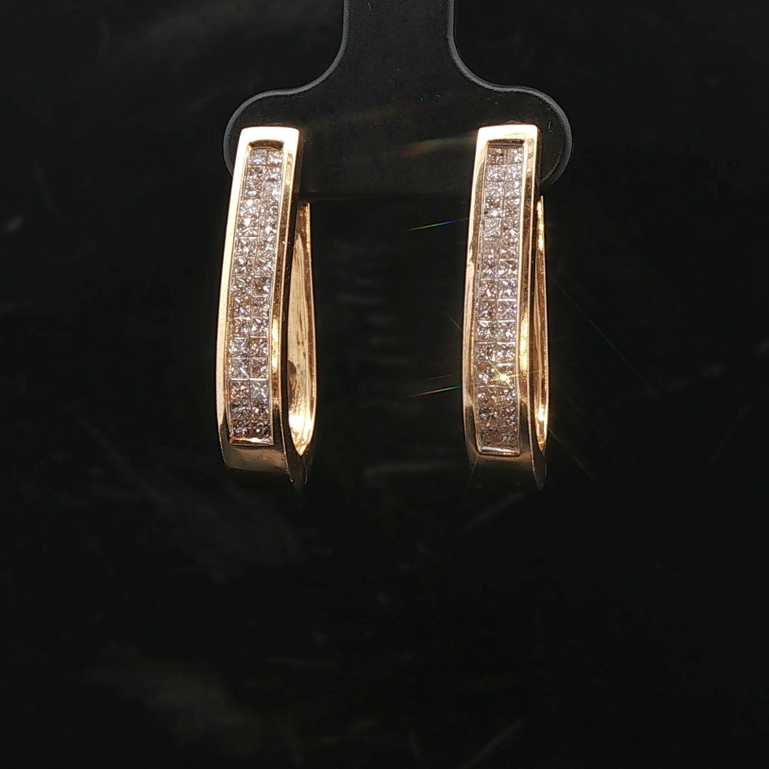14k Yellow Gold and 1cttw Princess Cut Diamond Hoop Earrings 1"
