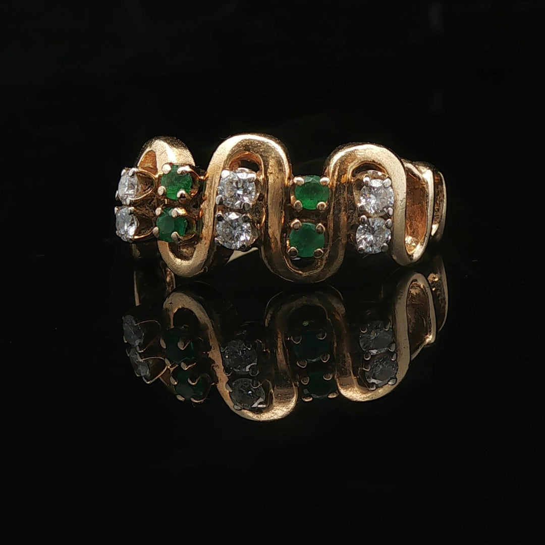 14k Yellow Gold Emerald and Diamond Curved Band Ring Size 6.75