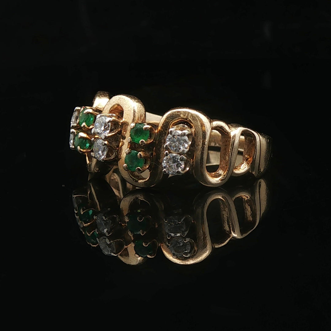 14k Yellow Gold Emerald and Diamond Curved Band Ring Size 6.75