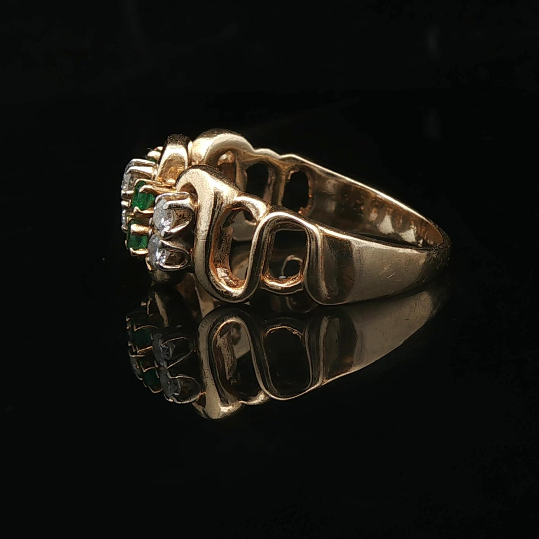 14k Yellow Gold Emerald and Diamond Curved Band Ring Size 6.75