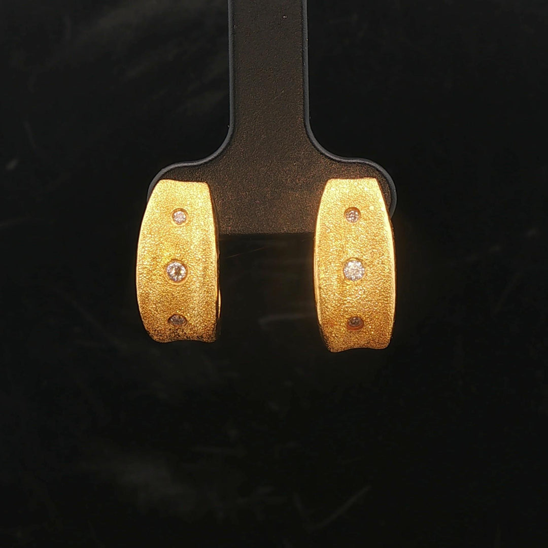 24k Pure Yellow Gold and Diamond 7.4g Solid Brushed Textured Huggie Earrings