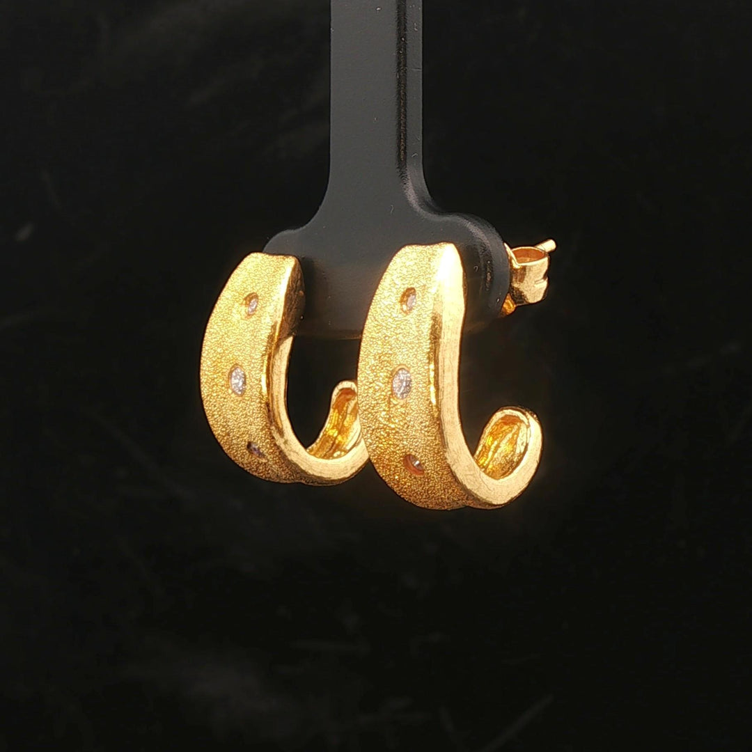 24k Pure Yellow Gold and Diamond 7.4g Solid Brushed Textured Huggie Earrings