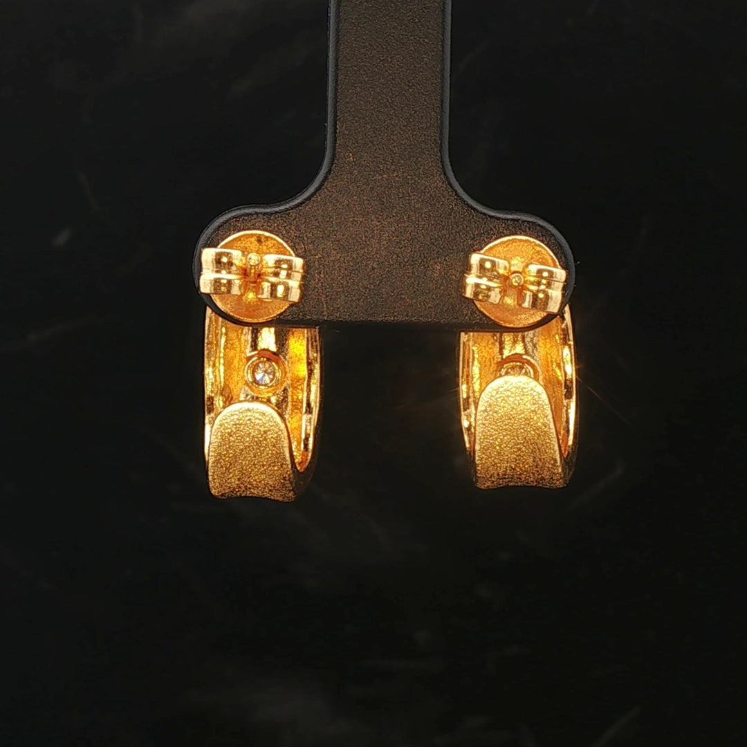 24k Pure Yellow Gold and Diamond 7.4g Solid Brushed Textured Huggie Earrings