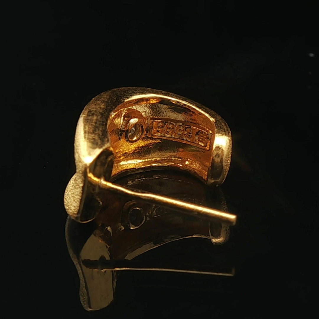 24k Pure Yellow Gold and Diamond 7.4g Solid Brushed Textured Huggie Earrings