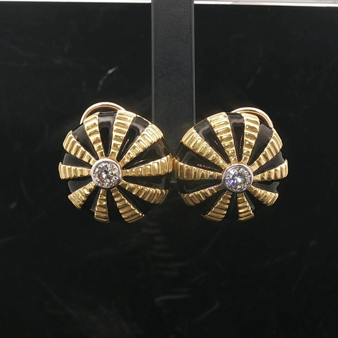 18k Yellow Gold Black Enamel and 0.60cttw Diamond Heavy Button Stud Earrings