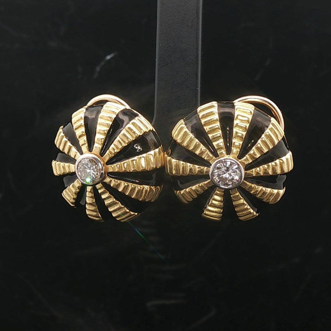 18k Yellow Gold Black Enamel and 0.60cttw Diamond Heavy Button Stud Earrings