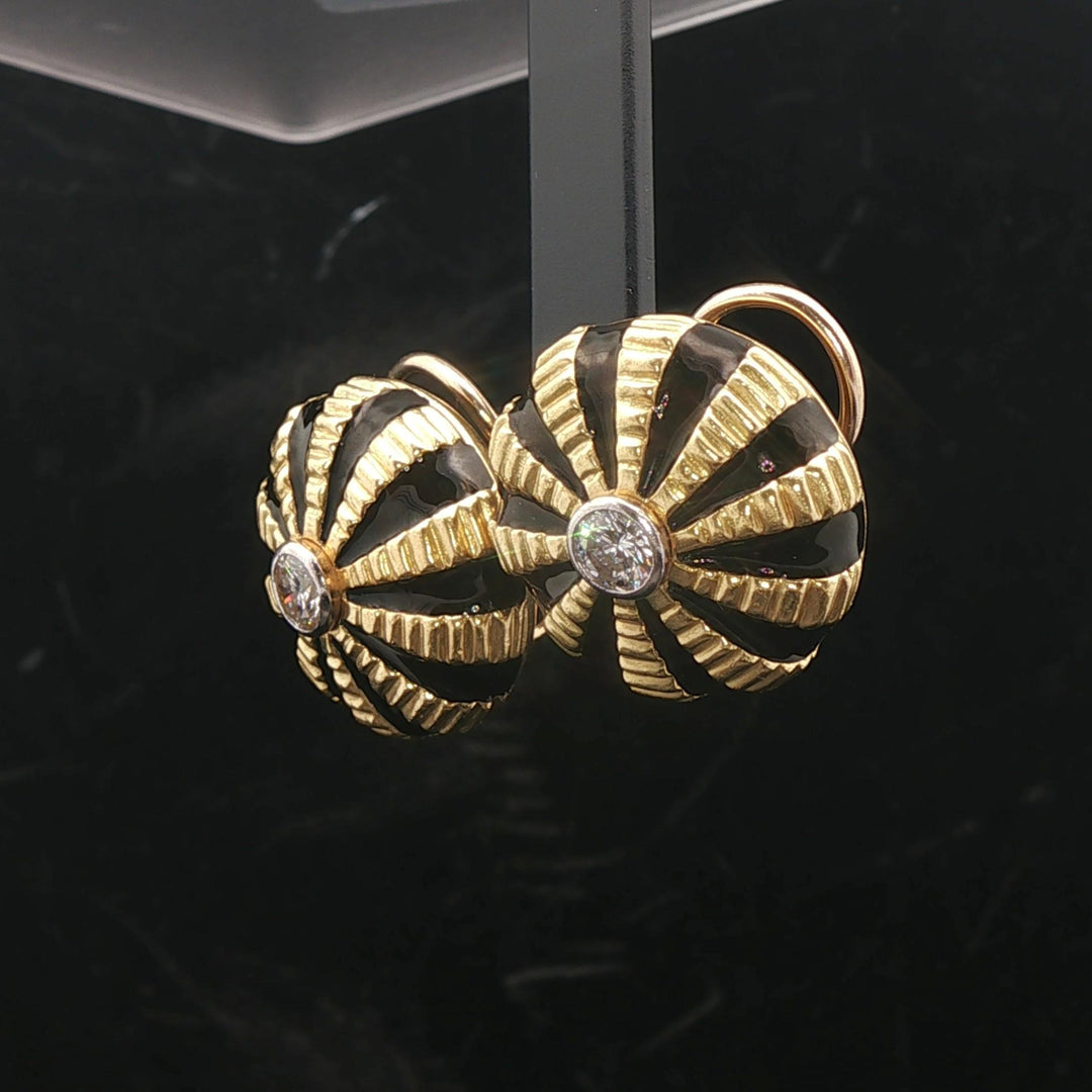 18k Yellow Gold Black Enamel and 0.60cttw Diamond Heavy Button Stud Earrings