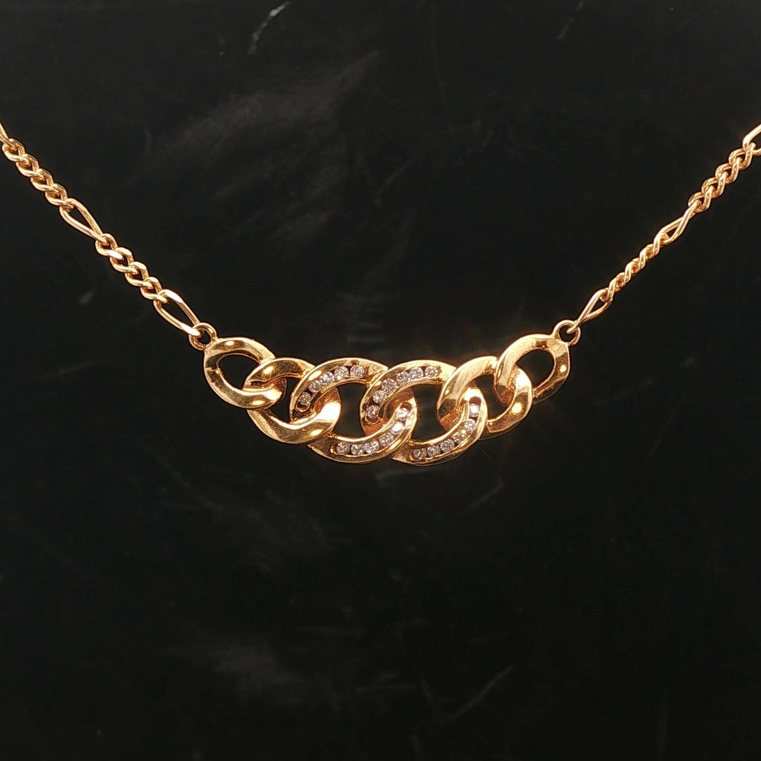 18k Yellow Gold and Diamond Figaro Chain and Curb Link Pendant Necklace 16"