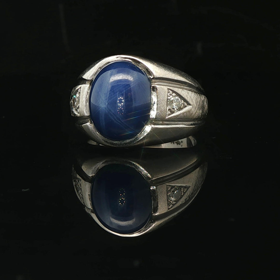 14k White Gold Blue Star Sapphire and Diamond Ring Size 6.5